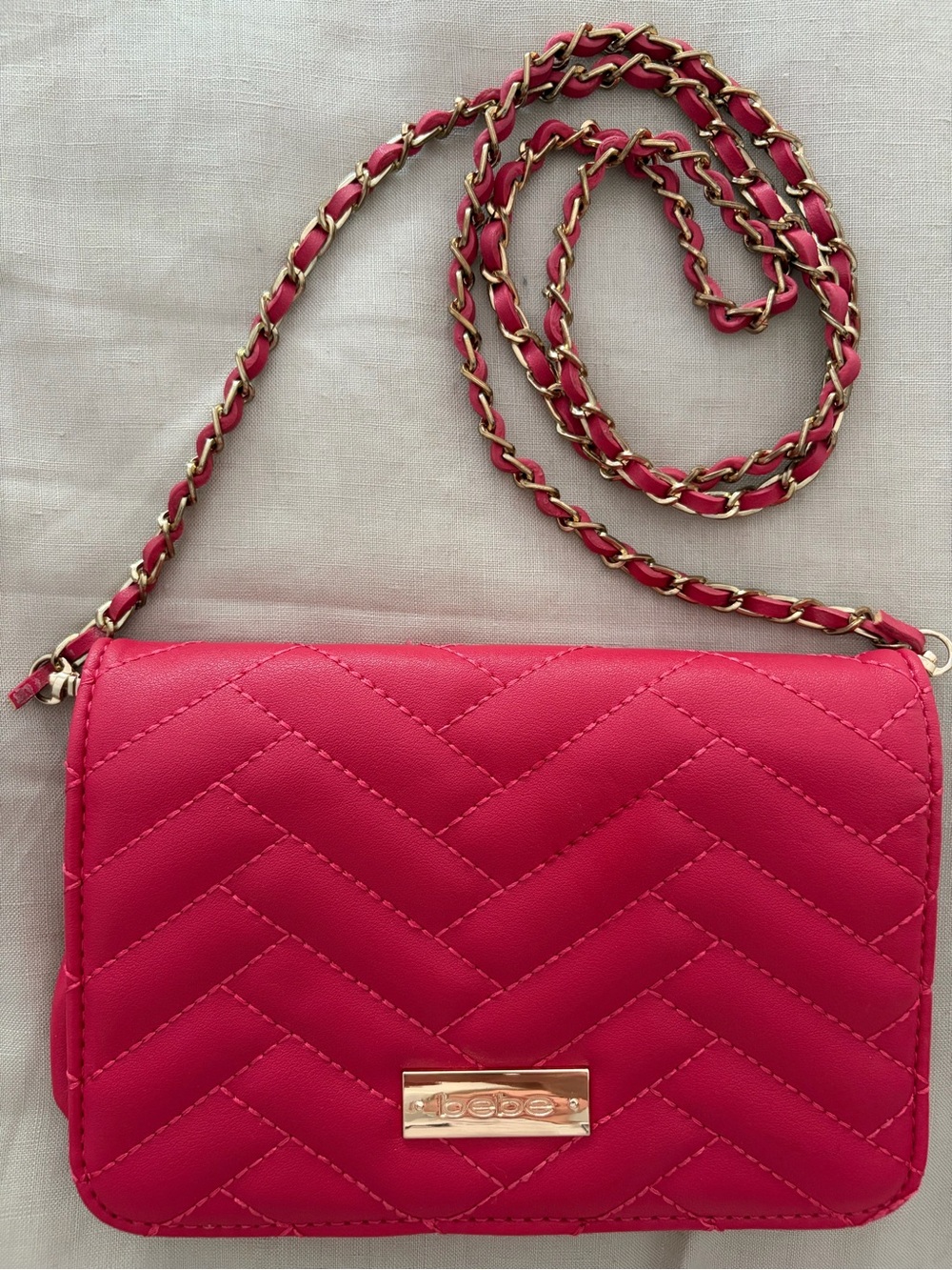 Bebe Hot Pink Quilted Chevron Crossbody Wallet on Chain Purse